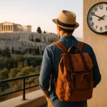 Voyageur en Grèce devant l’Acropole et une horloge – Décalage horaire Grèce