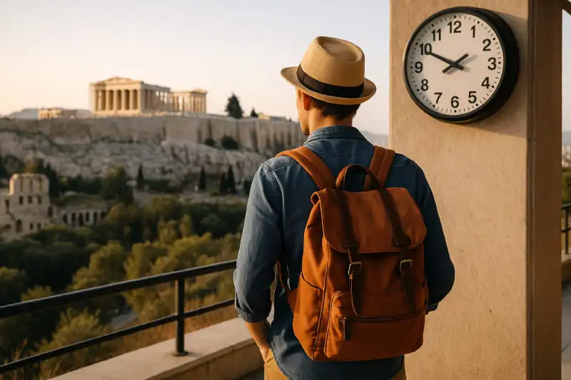 Voyageur en Grèce devant l’Acropole et une horloge – Décalage horaire Grèce