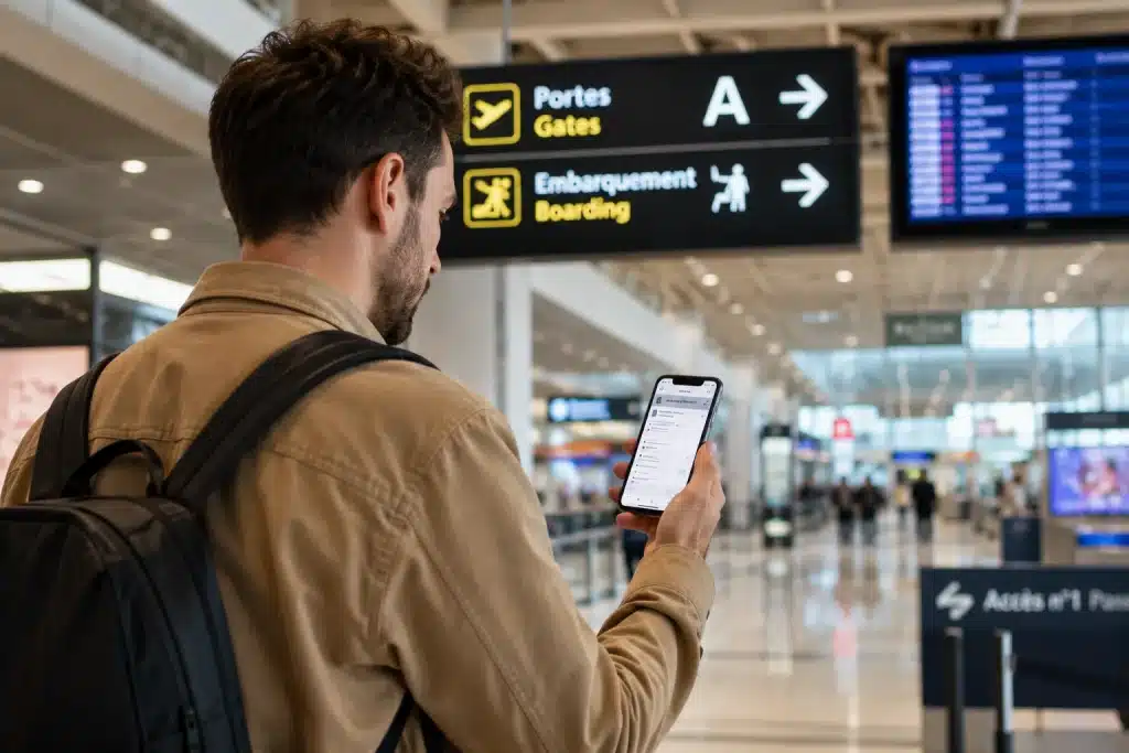 Voyageur consultant France Identité sur son smartphone avant l’embarquement à l’aéroport