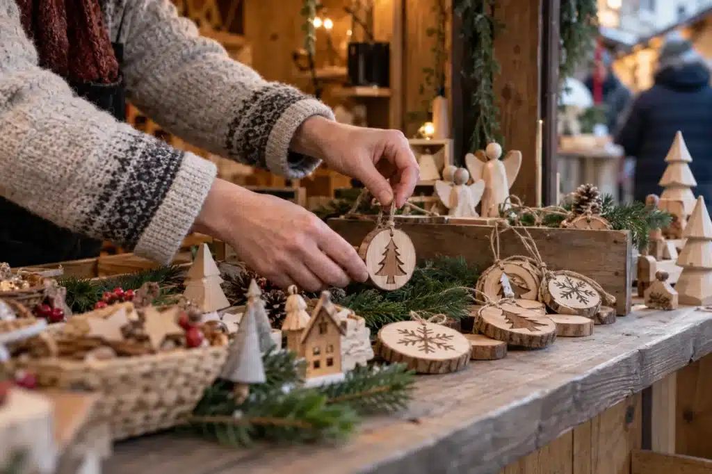 Décorations de Noël en bois disposées sur l’étal d’un artisan