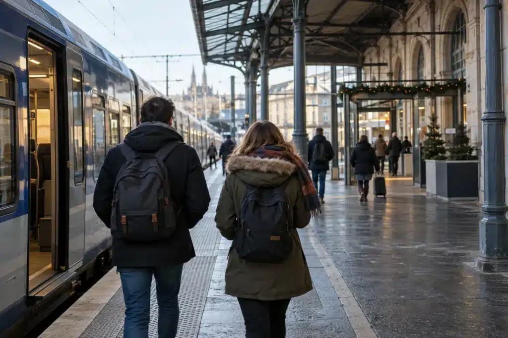 Deux voyageurs marchent sur le quai d’une gare en hiver, près d’un train