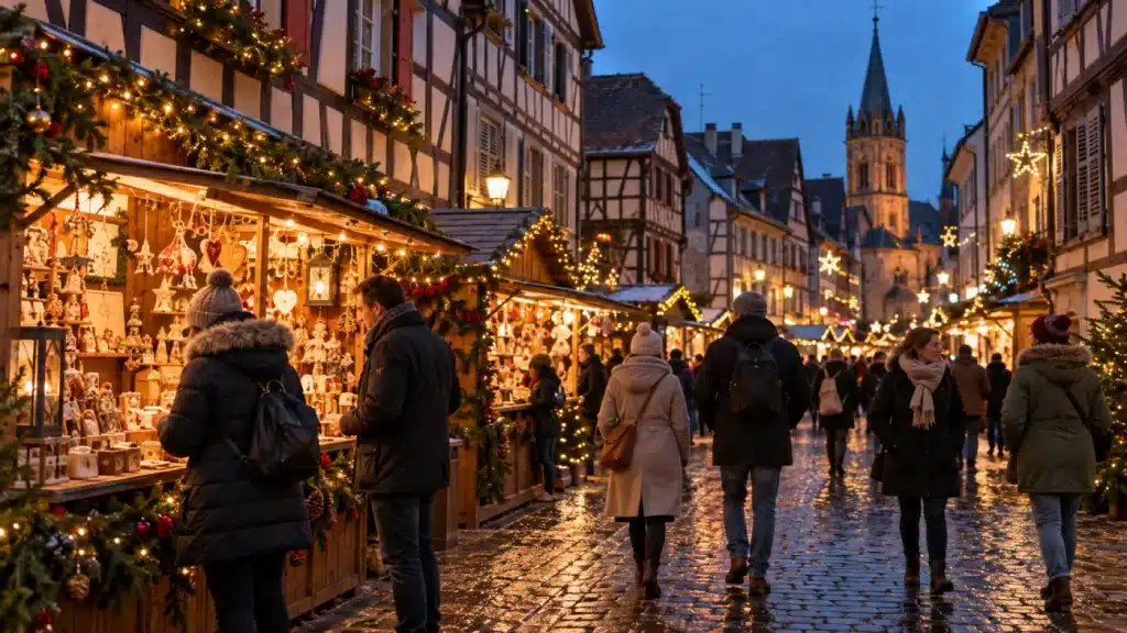 Visiteurs dans une rue illuminée bordée de chalets de marché de Noël
