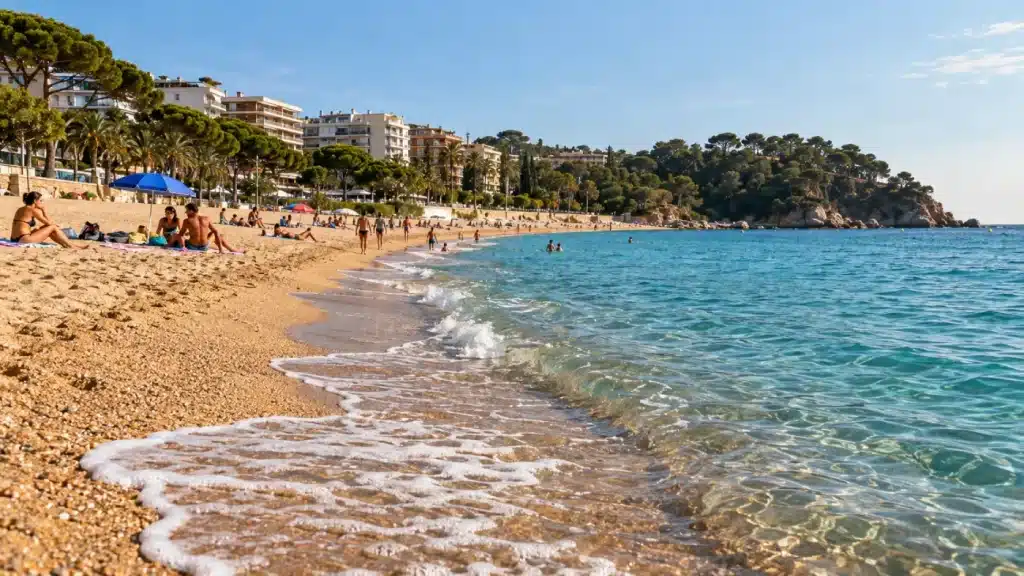 Vue de la plage de Fenals à Lloret de Mar, depuis le bord de l’eau.